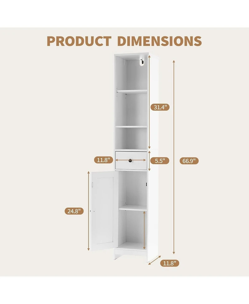 gaomon Tall Bathroom Storage Cabinet, 66.9" Modern Freestanding Cabinet with Open Shelf, Drawer And Door for Bathroom Organization, Storage Cabinet