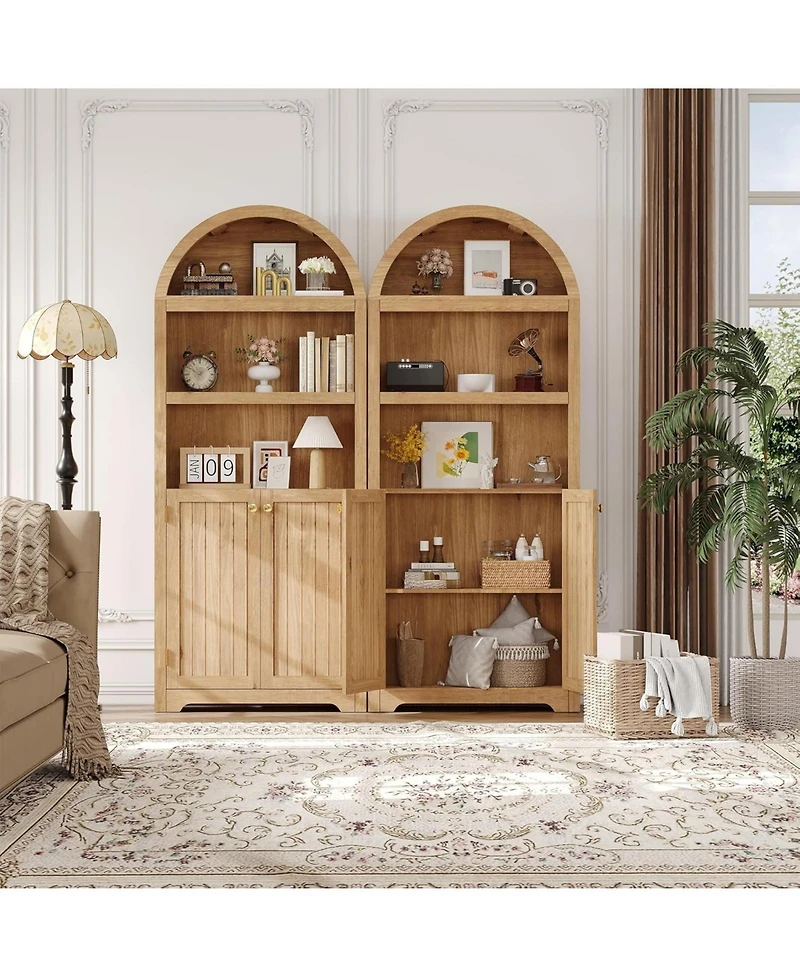 gaomon 72" Tall Wood Arched Storage Cabinet - 5-Shelf Kitchen Pantry with Doors & Open Shelves, Versatile Standing Bookcase Cupboard