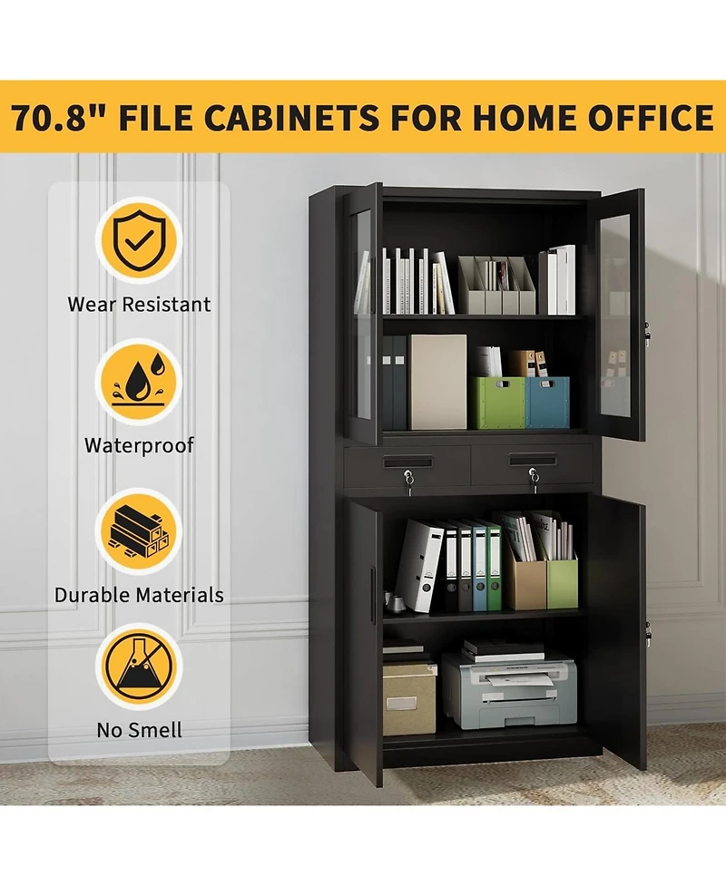 gaomon 71 Inch Tall Metal Garage Storage Cabinet with Glass Doors, 2 Lockable Drawers, 2 Adjustable Shelves, Lockable Steel Doors