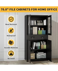 gaomon 71 Inch Tall Metal Garage Storage Cabinet with Glass Doors, 2 Lockable Drawers, 2 Adjustable Shelves, Lockable Steel Doors