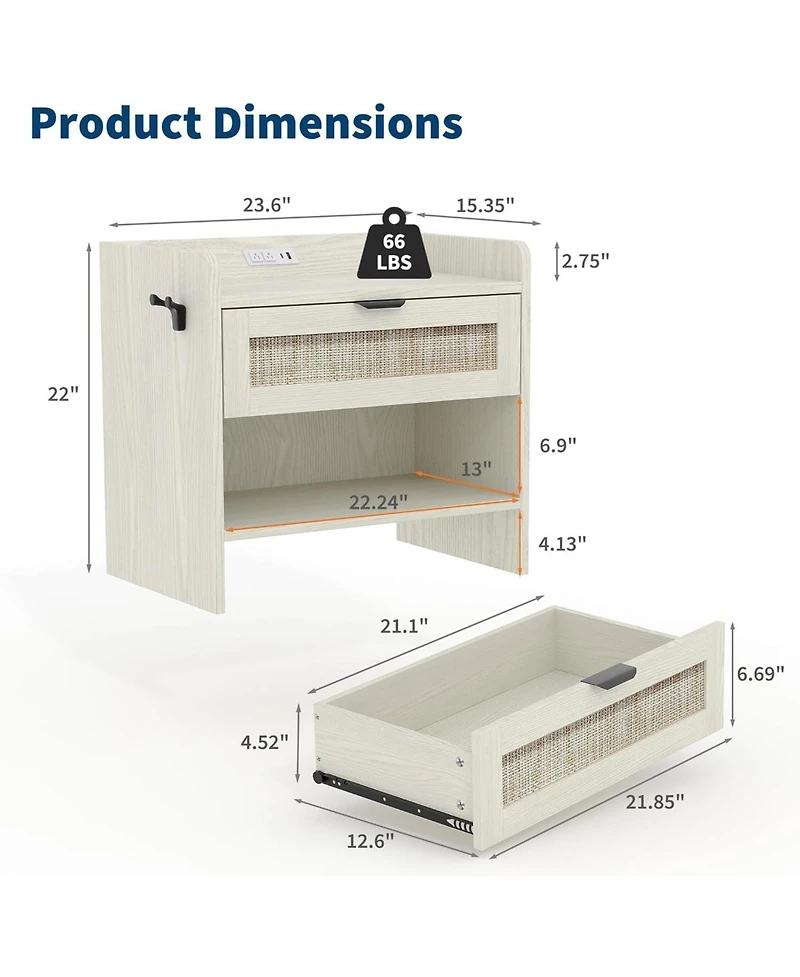 gaomon rattan bedside nightstand with 1 drawer, modern storage cabinet with charging station, ideal bedroom organizer.
