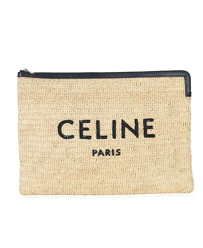 Pre-Owned Celine Beige Raffia Sequin Logo Clutch