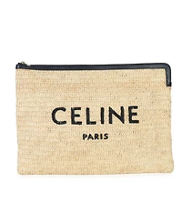 Pre-Owned Celine Beige Raffia Sequin Logo Clutch
