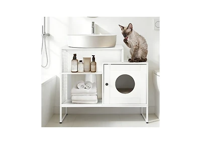 Zeus and Ruta Hidden Litter Box Enclosure with Divider for Bathroom White Indoor Cat House Furniture for Large Cats