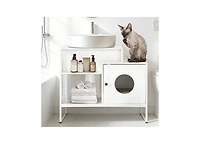Zeus and Ruta Hidden Litter Box Enclosure with Divider for Bathroom White Indoor Cat House Furniture for Large Cats