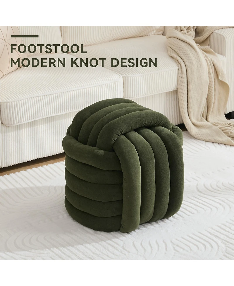 Rainsken Modern Knot Design Ottoman, Chenille Fabric Upholstered Makeup Stool, Stylish Home Decor Footstool for Living Room