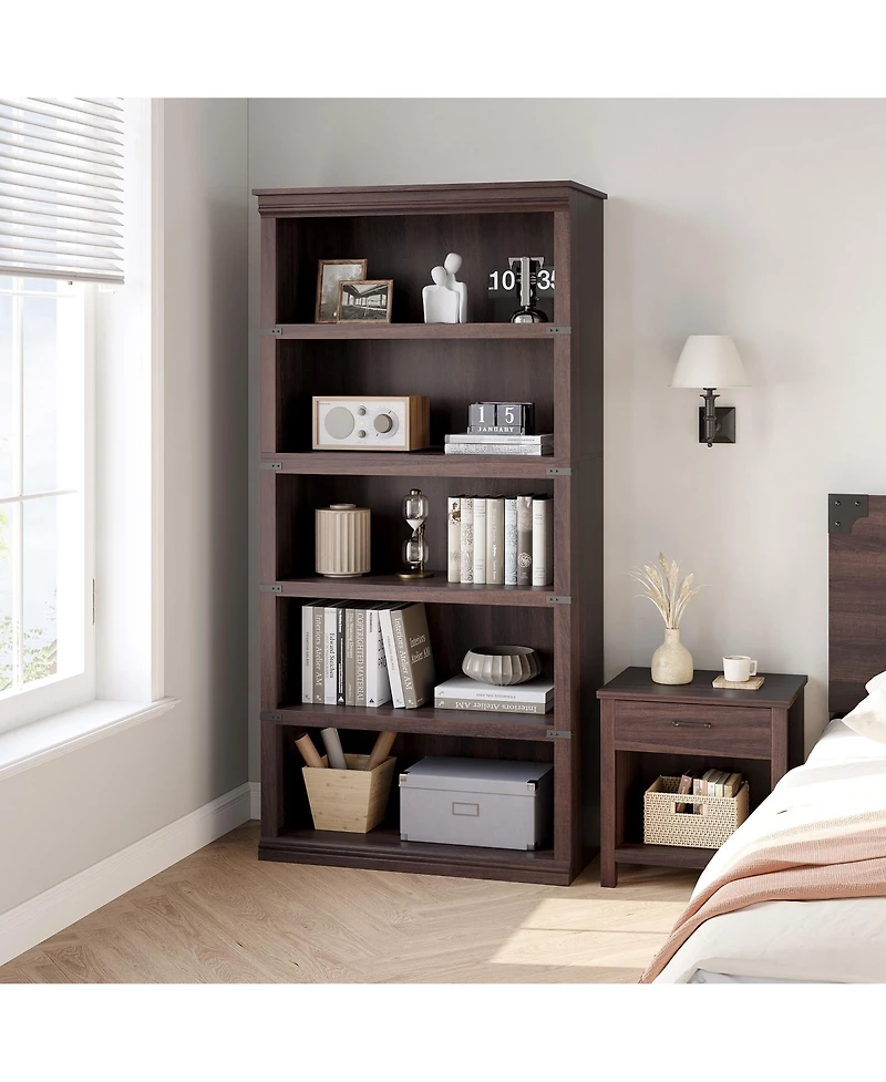 gaomon 67" Tall 5-Tier Wooden Farmhouse Bookcase with Storage, Modern Bookshelf