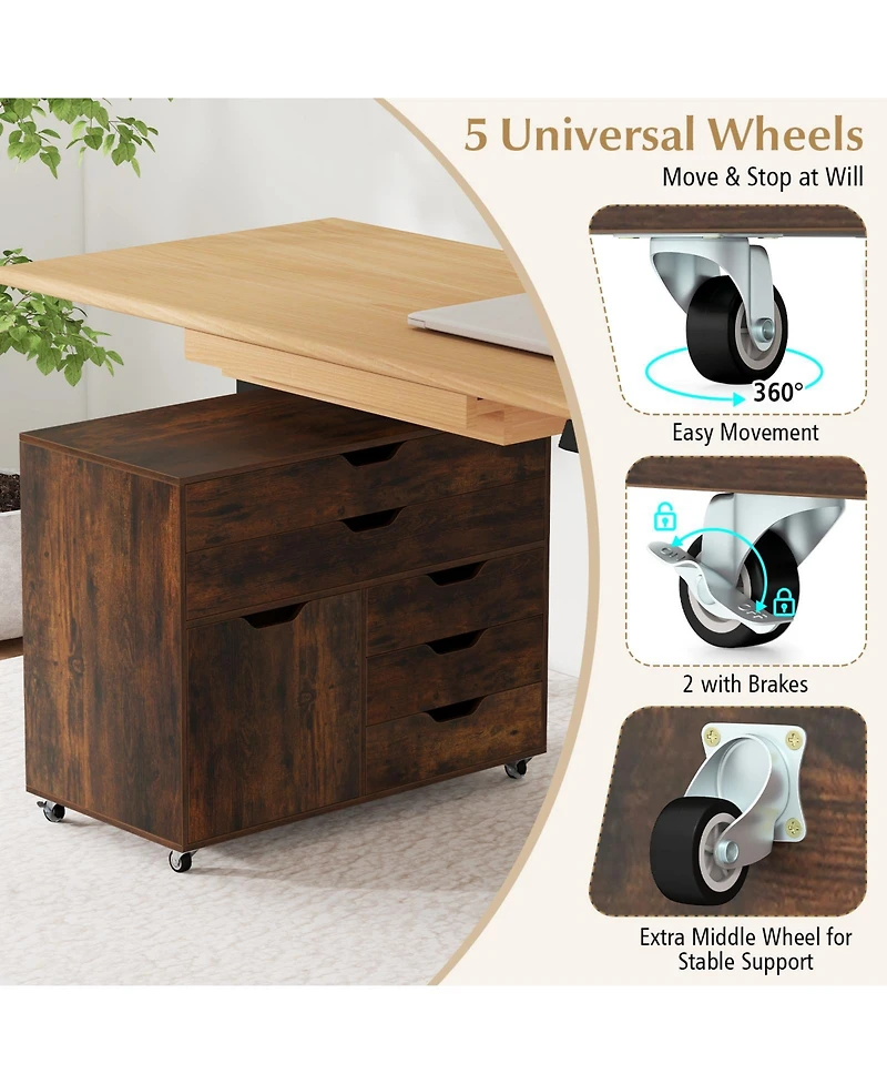 Sugift Modern Vertical 5-Drawer Mobile Chest with Door 5 Casters