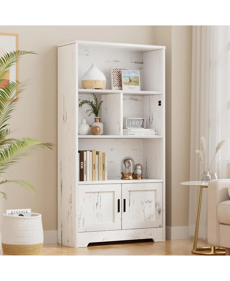 gaomon 3-Tier Modern Wooden Bookcase with Doors and Motion-Sensor Lighting, Large Display Shelf
