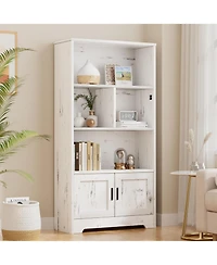 gaomon 3-Tier Modern Wooden Bookcase with Doors and Motion-Sensor Lighting, Large Display Shelf