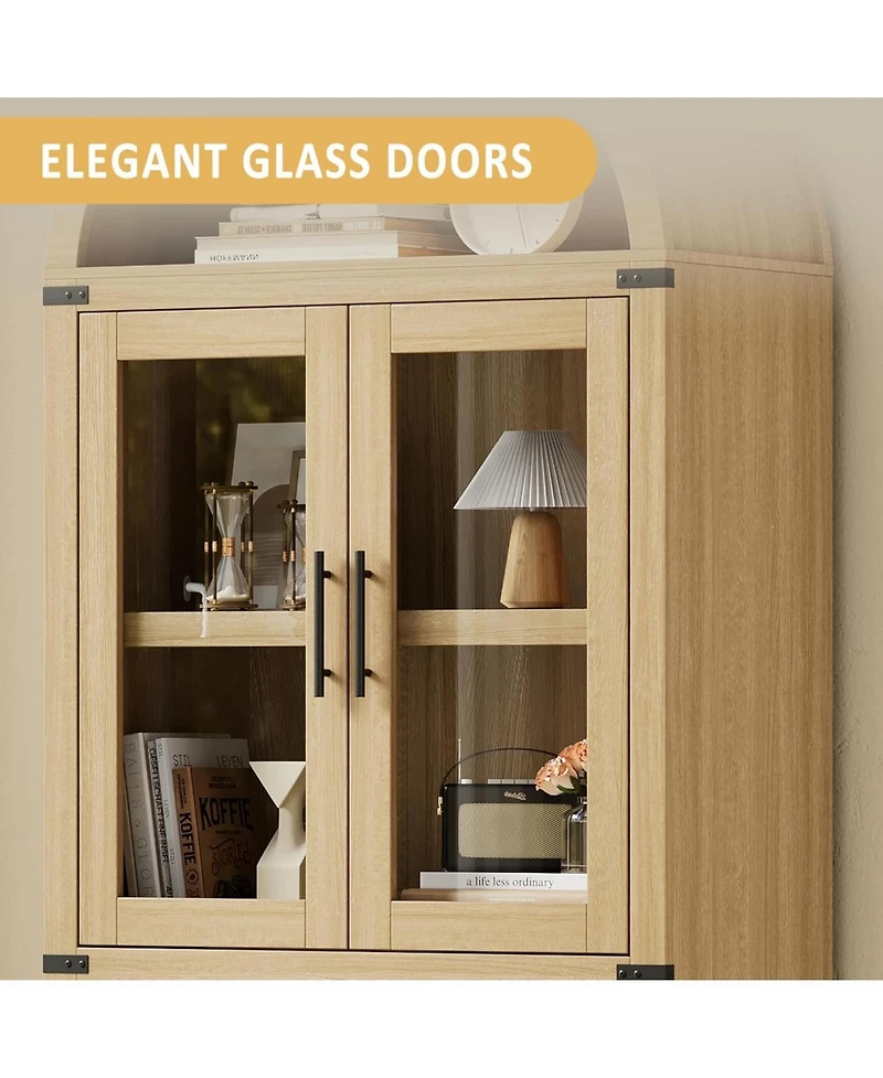 gaomon 71" Arched Farmhouse Bookshelf with Glass Doors and Drawers, Rounded Storage Cabinet
