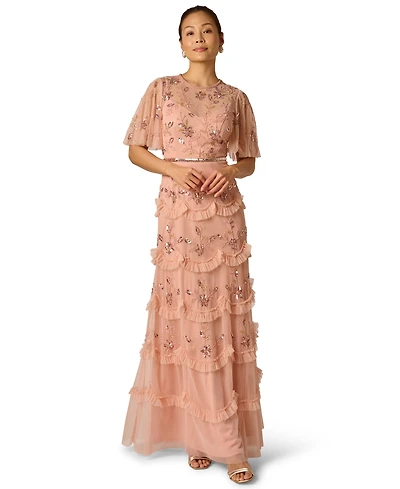 Adrianna Papell Petite Crew Neck Ruffle Detail Maxi Dress
