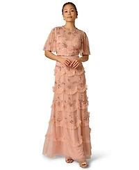 Adrianna Papell Petite Crew Neck Ruffle Detail Maxi Dress