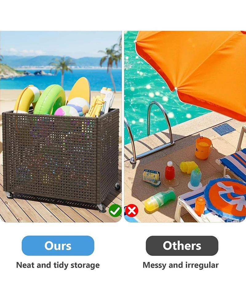 gaomon Poolside Rattan Storage Organizer, Pool Float Storage Holder with Mesh Rolling for Pool Noodles, Toys, Floats, Balls