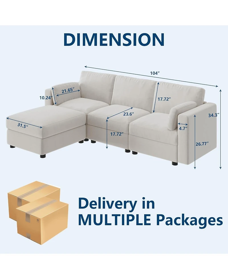 gaomon Modular Sectional Sofa- -Seater L-Shaped Couch with Movable Ottoman- Convertible Chenille Sofa