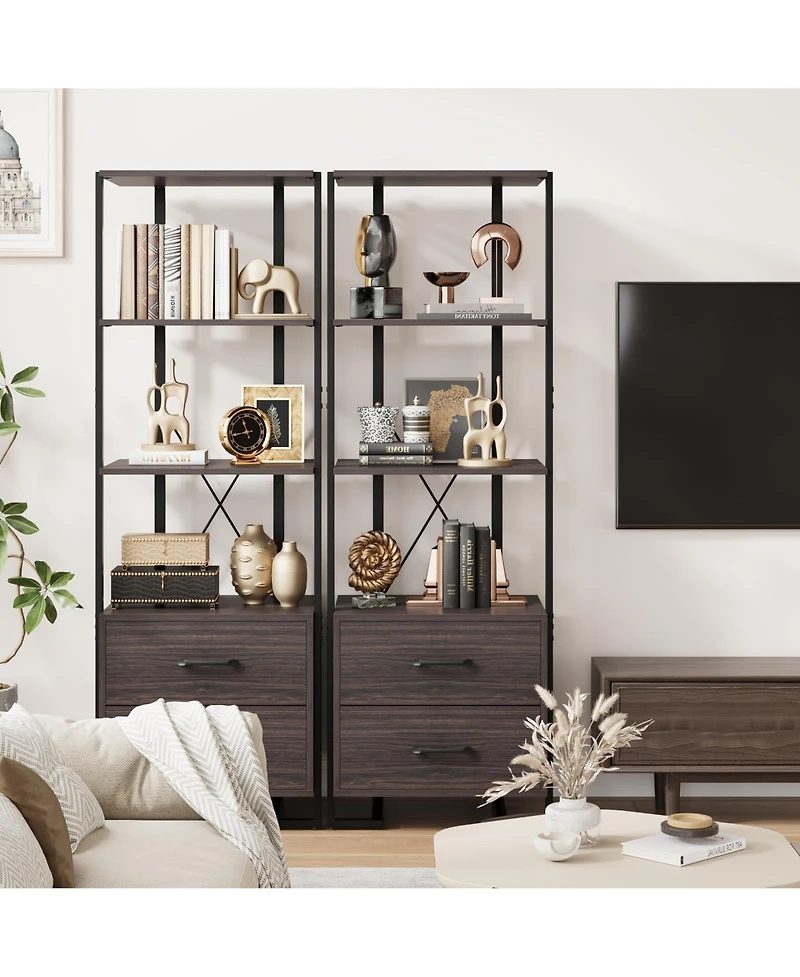 gaomon Modern 3-Tier Industrial Bookcase with 2 Storage Drawers, Wood and Metal Standing Shelf