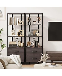 gaomon Modern 3-Tier Industrial Bookcase with 2 Storage Drawers, Wood and Metal Standing Shelf