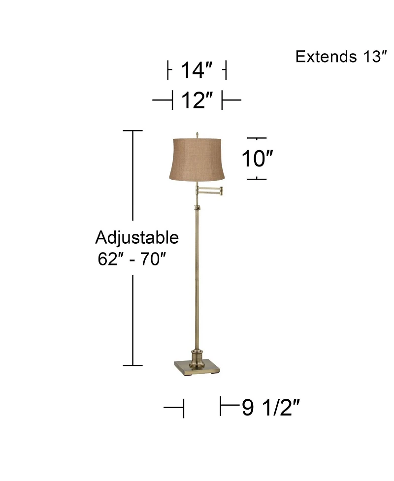 360 Lighting Swing Arm Floor Lamp Adjustable Height 70" Tall Antique Brass Burlap Fabric Drum Shade for Living Room Reading Bedroom