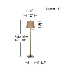 360 Lighting Swing Arm Floor Lamp Adjustable Height 70" Tall Antique Brass Burlap Fabric Drum Shade for Living Room Reading Bedroom