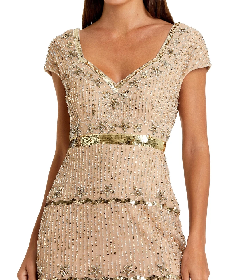 Mac Duggal Women's Petite Beaded Sweetheart Cap Sleeve Tiered Gown