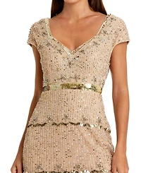 Mac Duggal Women's Petite Beaded Sweetheart Cap Sleeve Tiered Gown