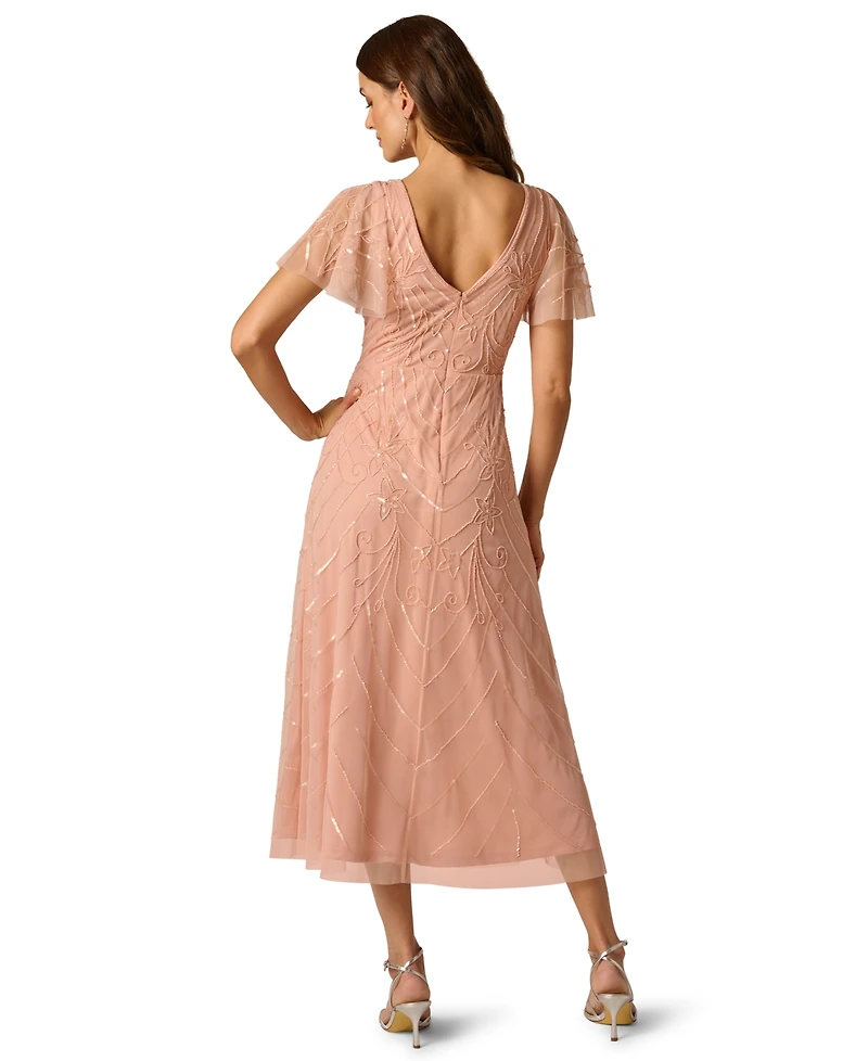 Adrianna Papell V-Neck Bead Mesh Flutter Dress