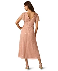 Adrianna Papell V-Neck Bead Mesh Flutter Dress