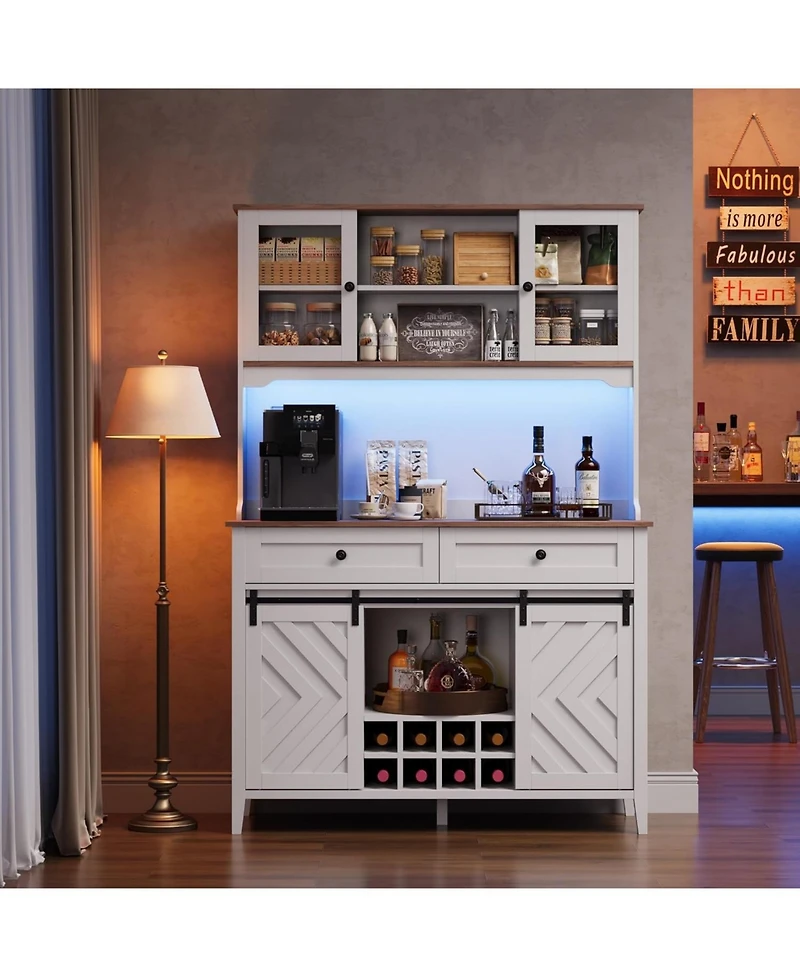 gaomon 72" Farmhosue Bar Cabinet with Sliding Barn Door, Large Kitchen Buffet with Hutch Wine with Charging Station, 2 Drawers, 8 Storage Shelves