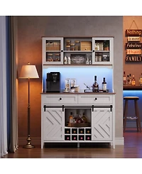 gaomon 72" Farmhosue Bar Cabinet with Sliding Barn Door, Large Kitchen Buffet with Hutch Wine with Charging Station, 2 Drawers, 8 Storage Shelves