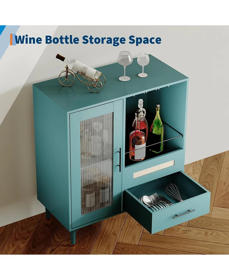 gaomon Modern Wine Bar Cabinet with Tempered Glass Door – Wine Rack, Drawers and Ample Storage – Freestanding Sideboard Buffet.