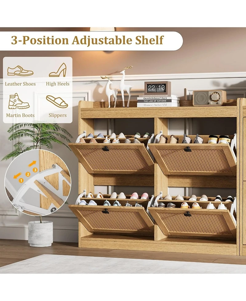 gaomon Shoe Cabinet with 4 Deep Flip Drawers, Freestanding Wooden Shoe Storage Cabinet with Rattan Door and 3-Tier Adjustable Shelves