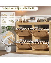 gaomon Shoe Cabinet with 4 Deep Flip Drawers, Freestanding Wooden Shoe Storage Cabinet with Rattan Door and 3-Tier Adjustable Shelves