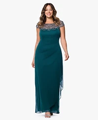 Xscape Plus Sheer Boat-Neckline Long Sheath Dress