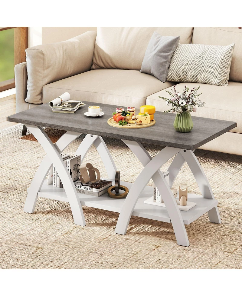 Sugift 40 in Farmhouse Coffee Table with Storage Shelf and X Legs
