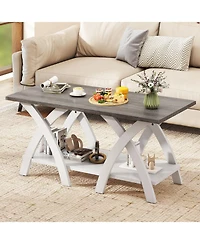 Sugift 40 in Farmhouse Coffee Table with Storage Shelf and X Legs