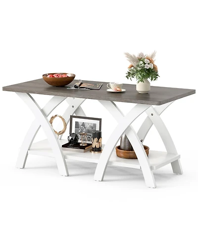 Sugift 40 in Farmhouse Coffee Table with Storage Shelf and X Legs