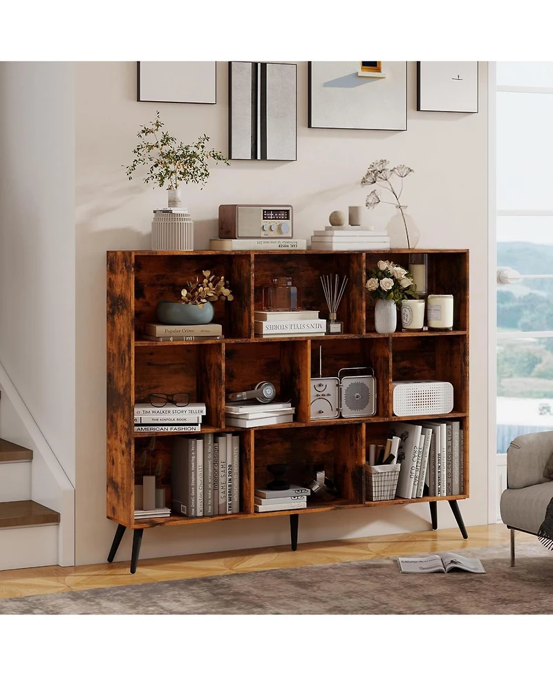 gaomon 10-Cube Wooden 3-Tier Bookcase with 5 Iron Legs, Freestanding Storage Organizer for Home Office