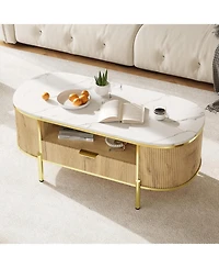 gaomon 48" Oval Coffee Table with Storage, Modern Luxury Coffee Table with Drawer and Faux Marble Top, Fluted Center Table with Curved Profile Design