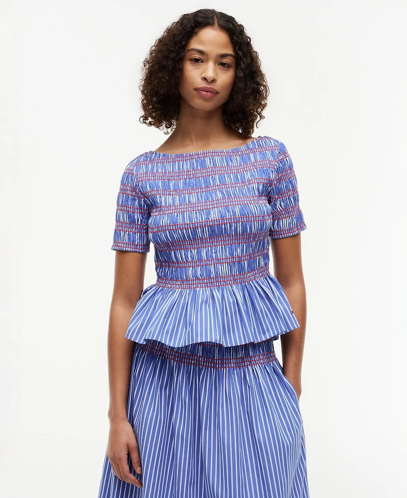 Tommy Hilfiger Women's Smocking Striped Boat Neck Cotton Top