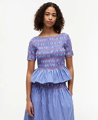 Tommy Hilfiger Women's Smocking Striped Boat Neck Cotton Top