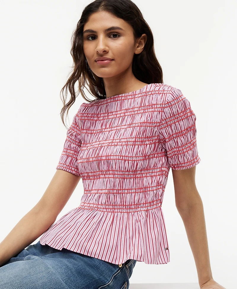 Tommy Hilfiger Women's Smocking Striped Boat Neck Cotton Top