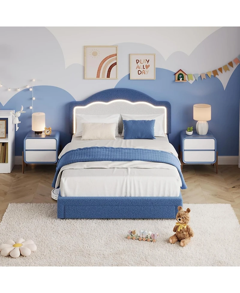 gaomon Full Kids Bed Frame with Led Headboard, Sherpa Upholstered Platform with Storage Drawer