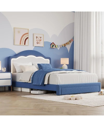 gaomon Full Kids Bed Frame with Led Headboard, Sherpa Upholstered Platform with Storage Drawer