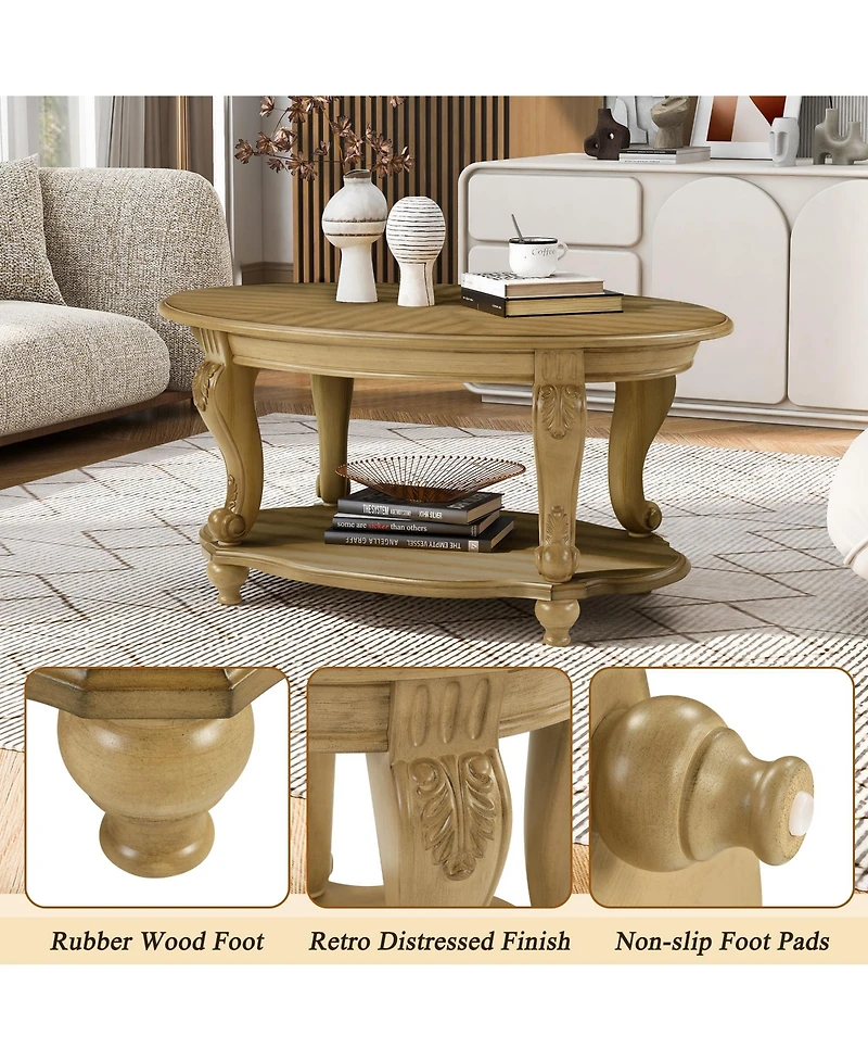Rainsken 42" Oval Coffee Table, 2-Tier Solid Wood Center Table with Open Storage Shelf for Living Room, Small Space