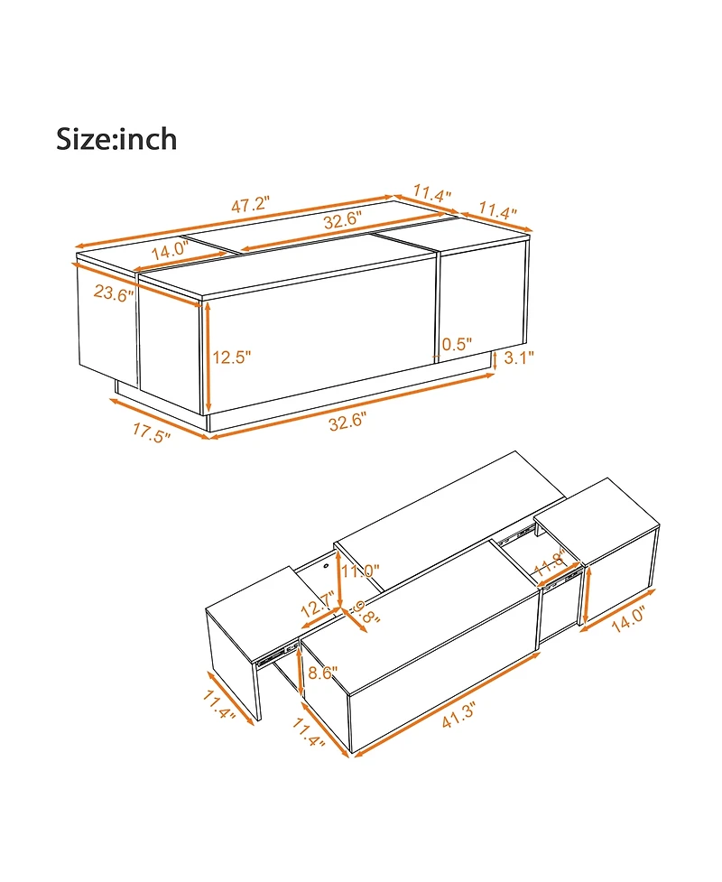 Rainsken Extendable Coffee Table - High-Gloss Finish, 2 Hidden Storage Space and 2 Drawers, Multi-Functional Center Table for Living Room