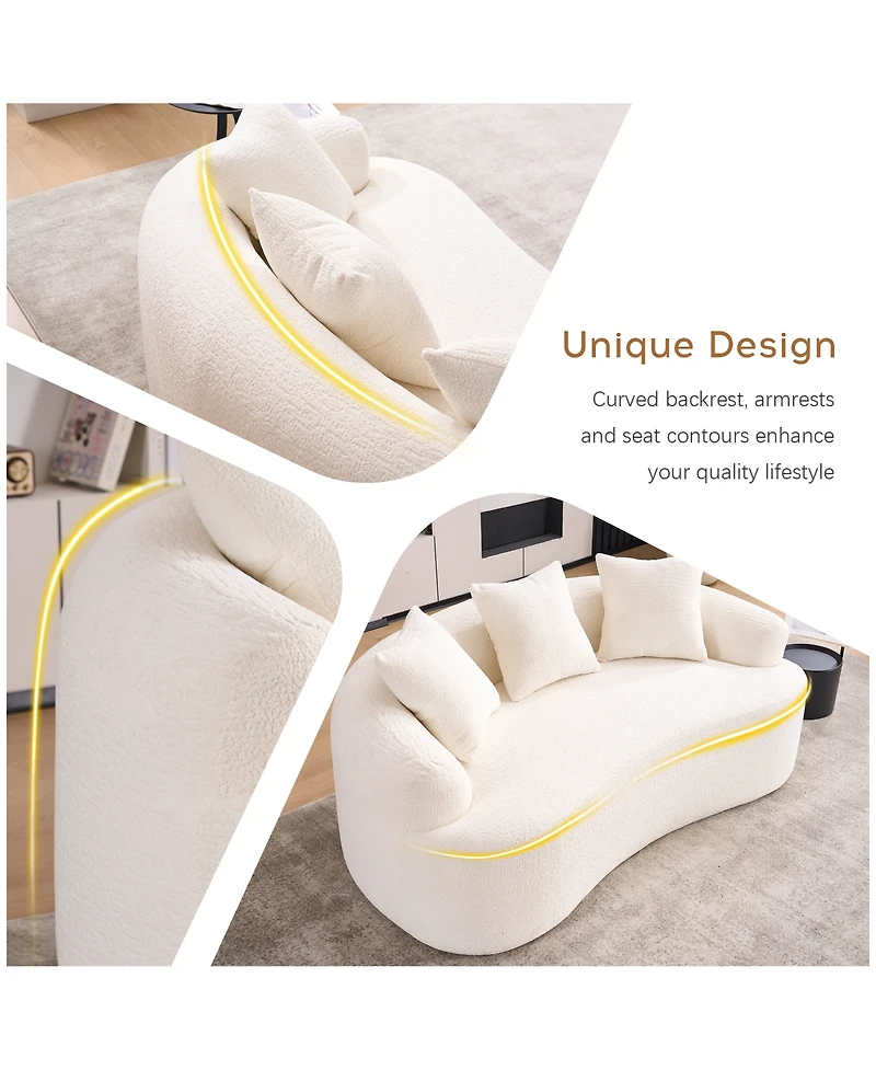 Rainsken Curved Loveseat Sofa, 65" Full Compression Sponge Couch, 30D Chenille Deep Seat Sofa with 3 Pillows for Living Room and Apartments