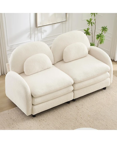 Rainsken 2-Seater Curved Teddy Fabric Loveseat Sofa, Flexible Modular Couch with Curved Lumbar Support Pillows for Living Room Decor