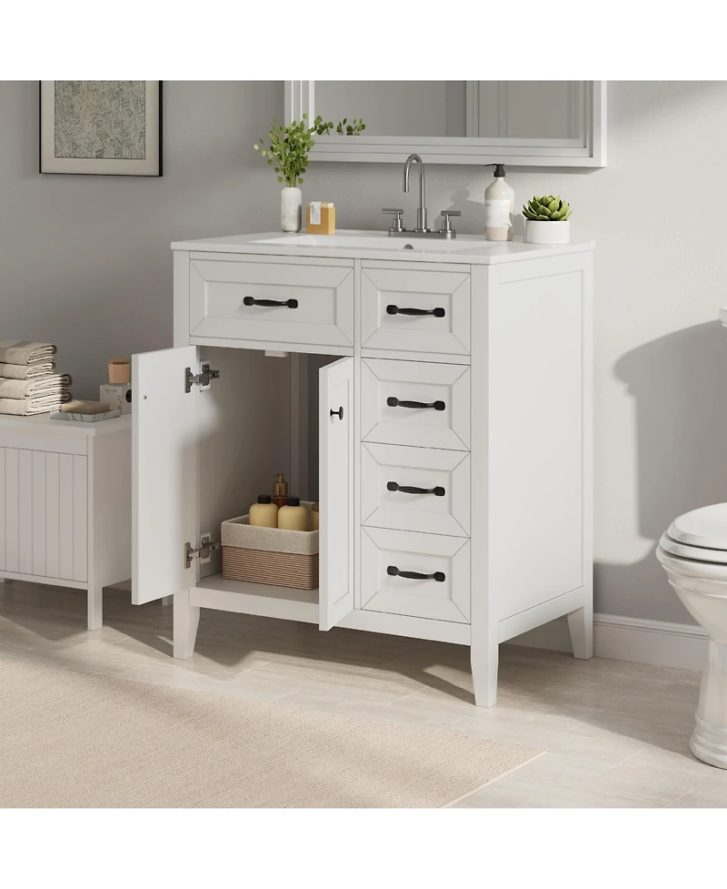Busdays 30 Inch Freestanding Bathroom Vanity with Ceramic Sink Metal Handles Solid Wood Legs Soft Close Doors and Drawers