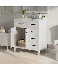 Busdays 30 Inch Freestanding Bathroom Vanity with Ceramic Sink Metal Handles Solid Wood Legs Soft Close Doors and Drawers