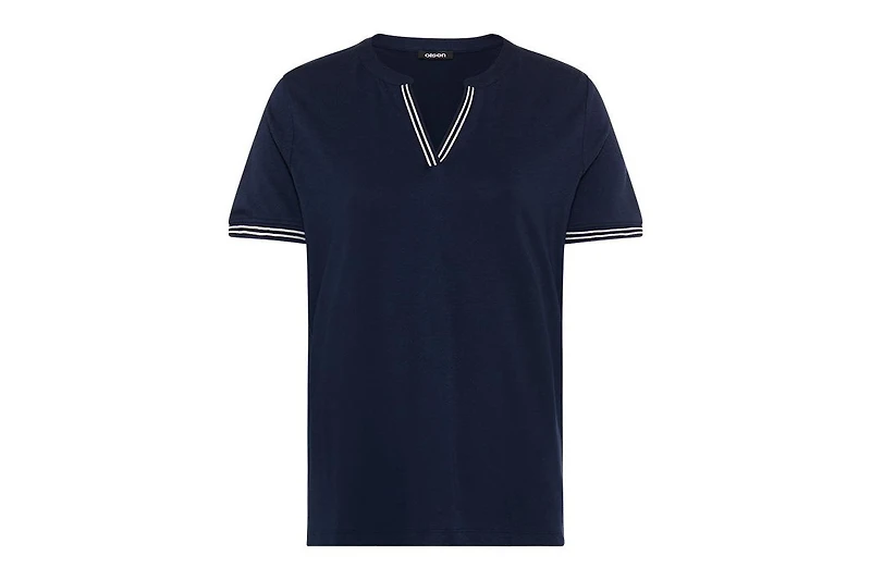 Olsen Women's Split Neck T-Shirt with Stripe Trim